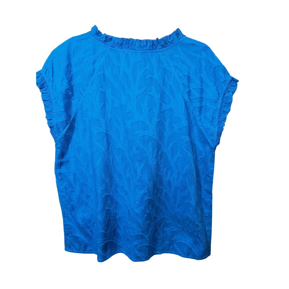 J.Jill Womens V Neck Top Blue Small Jacquard Leaf Ruffle Cap Sleeve Blouse - Picture 3 of 6